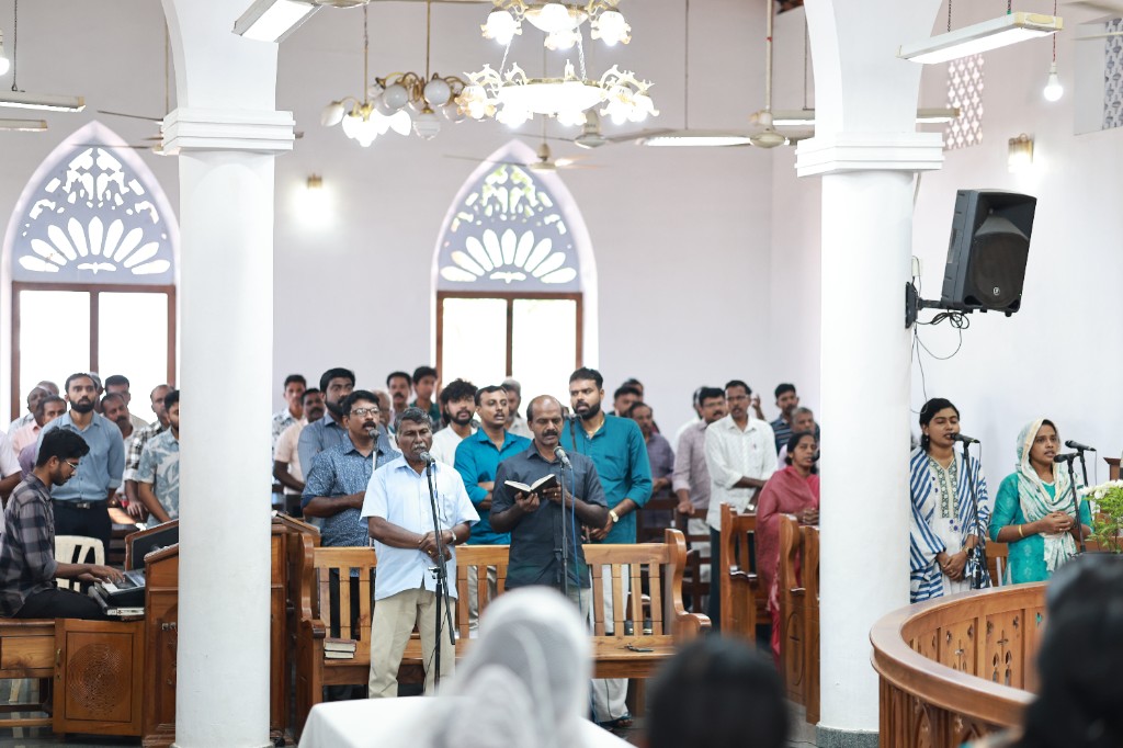 Choir and worship team leading songs